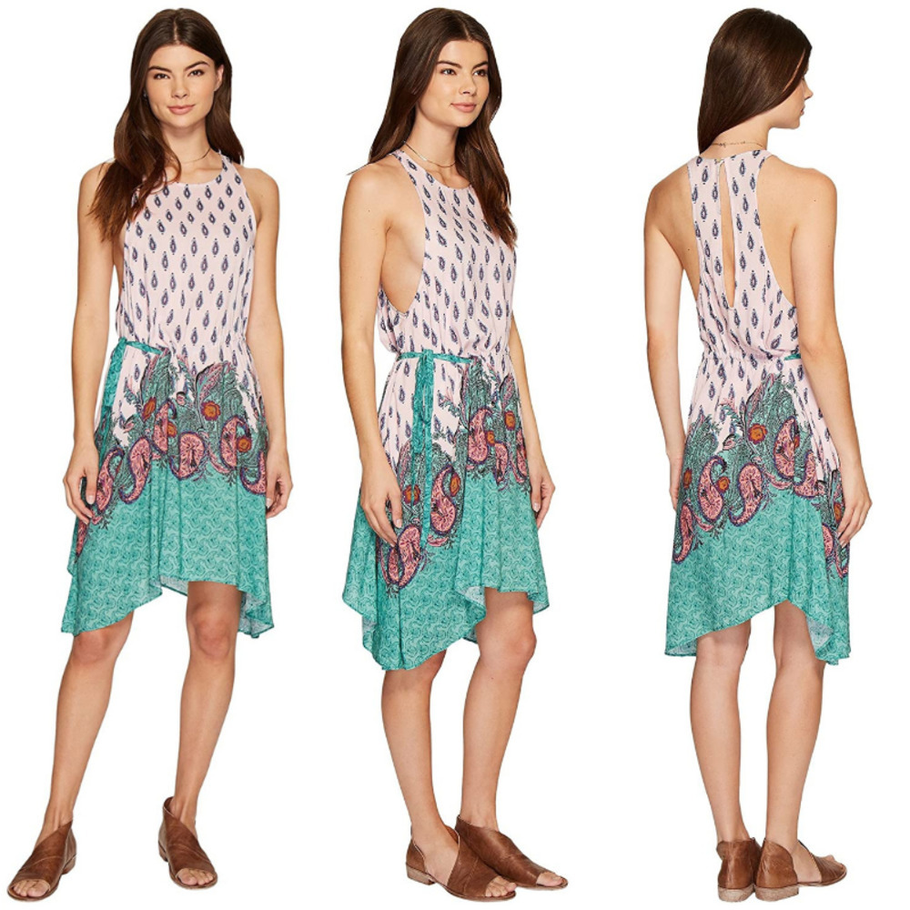 Free People Rendezvous Paisley Asymmetric Hem Slip Dress Pink NWT